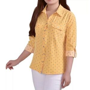 Notations Women's Size Long Sleeve Button Roll-Tab Multi-Yellow Blouse Size L